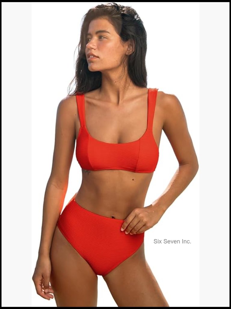 Two Piece Swimsuit Bikini Set High Waist Adjustable Straps Textured Bathing